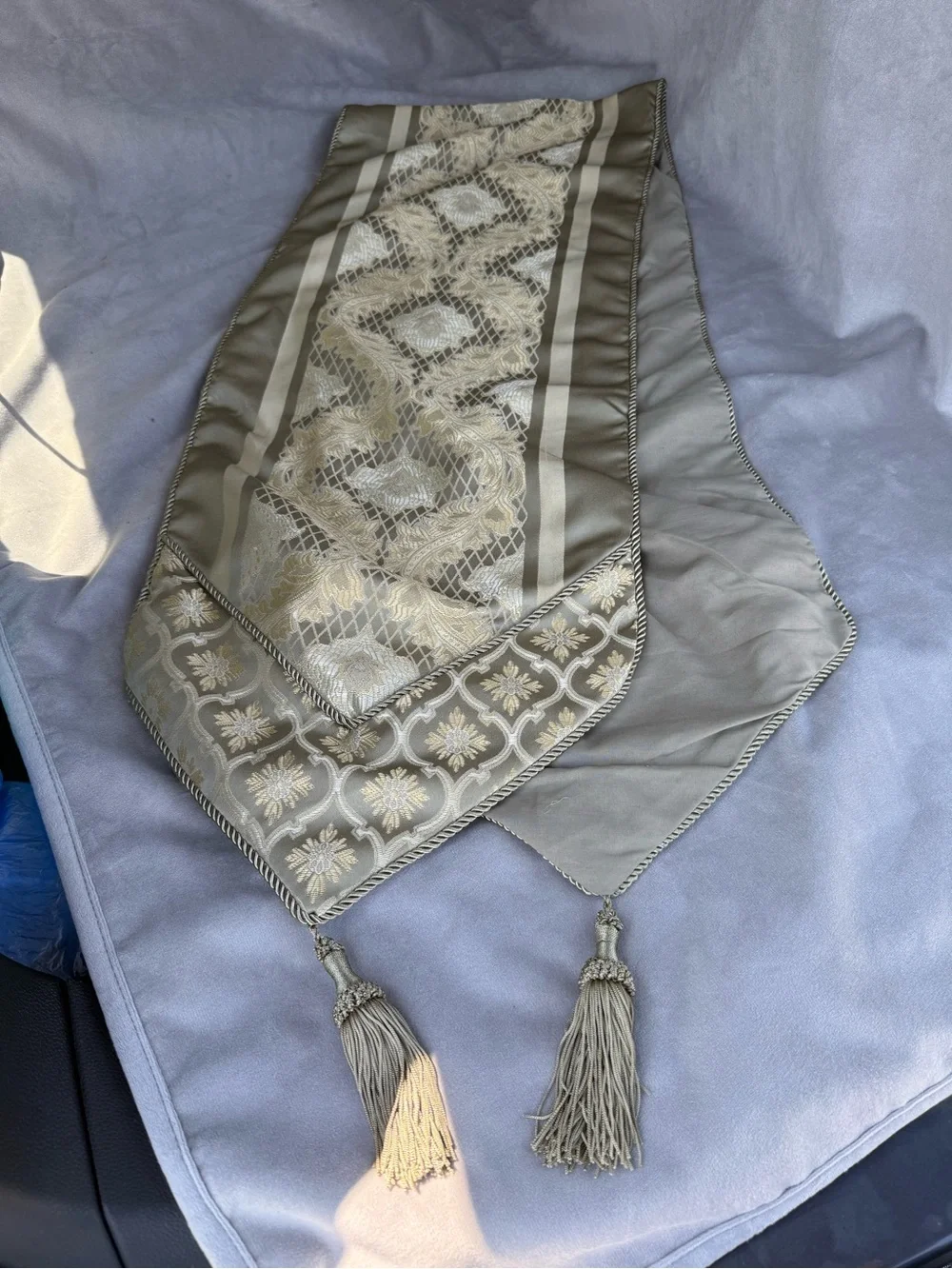 Vintage Gold Jacquard Damask Table Runner 72” with Bullion Tassels & Trim